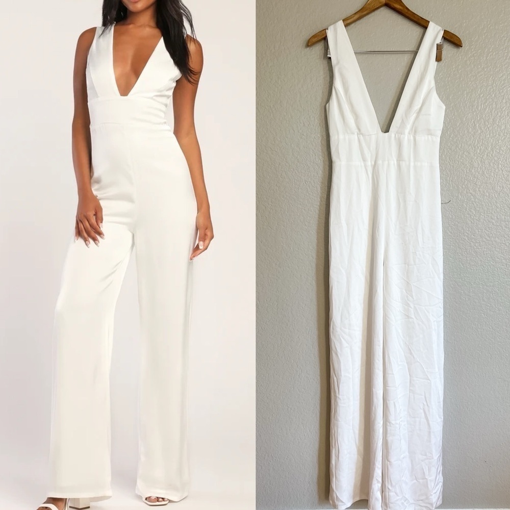 LIKE NEW Ultimate Allure Ivory Satin Wide-Leg Jumpsuit